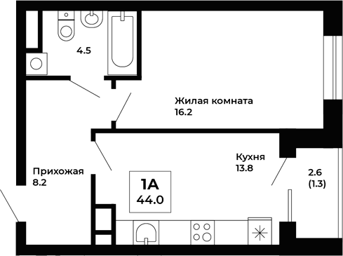 Планировка 1-к.кв, 44 м² в ЖК Космос